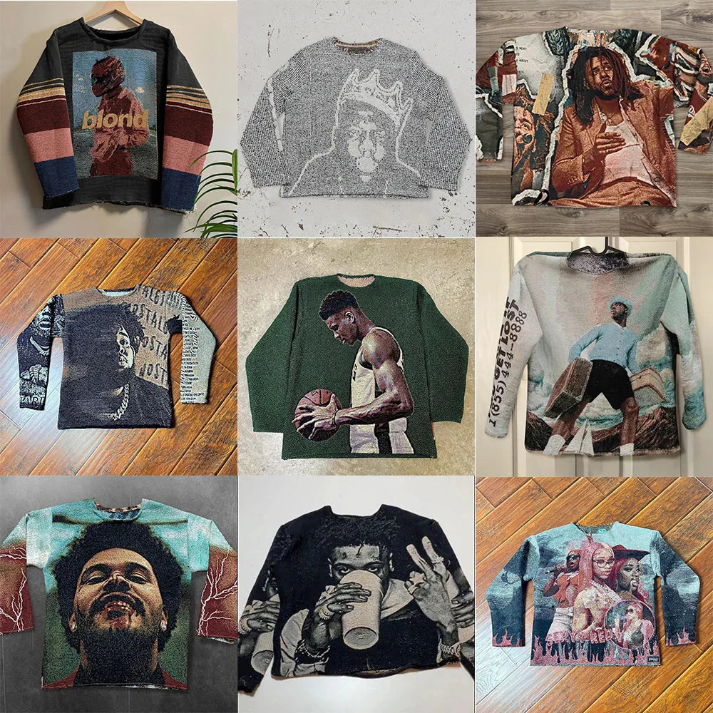 Black long-sleeved sweatshirt y2k clothes featuring a 3d gothic hip hop portrait of the weeknd making a peace sign