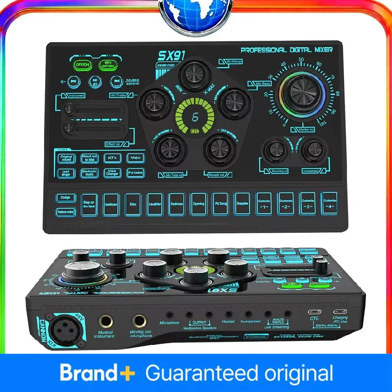 Black professional sx91 sound card usb sound mixer with glowing blue and green illuminated controls for audio mixing console