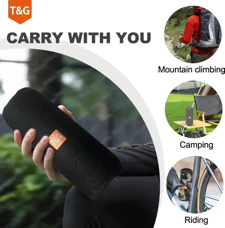 Black textured fabric t&g tg365 portable bluetooth speaker with orange logo patch dual bass waterproof boombox