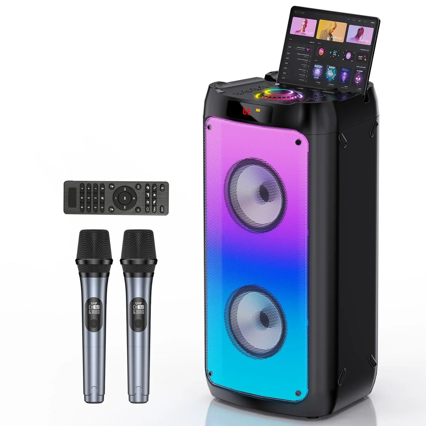 Black t10-tkaraoke machine with2wireless microphones features vibrant rgb lighting and touchscreen portable bluetooth speaker
