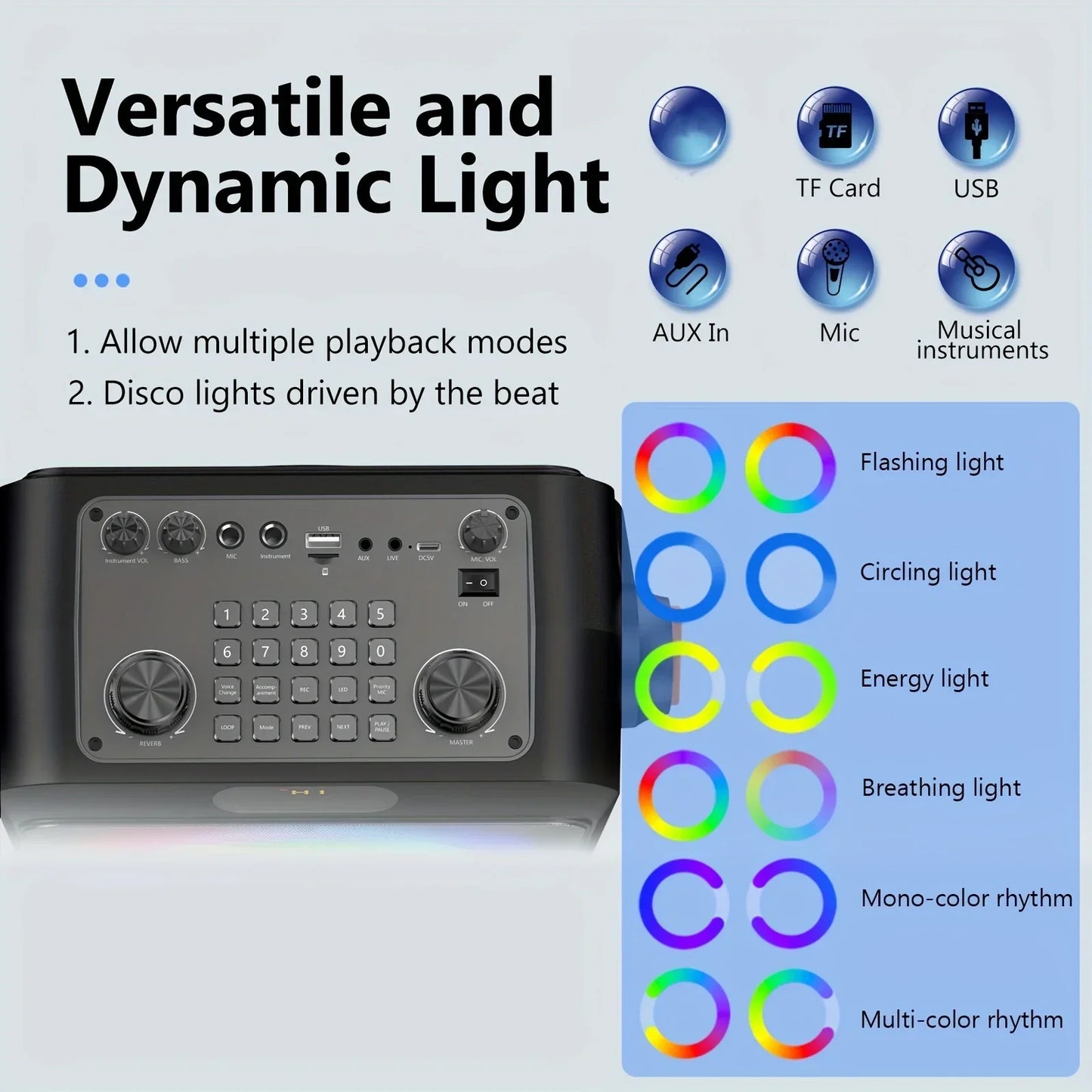 Black t19-t karaoke machine with wireless microphones black, dynamic lighting, bass treble adjustment, and multiple connectivity options