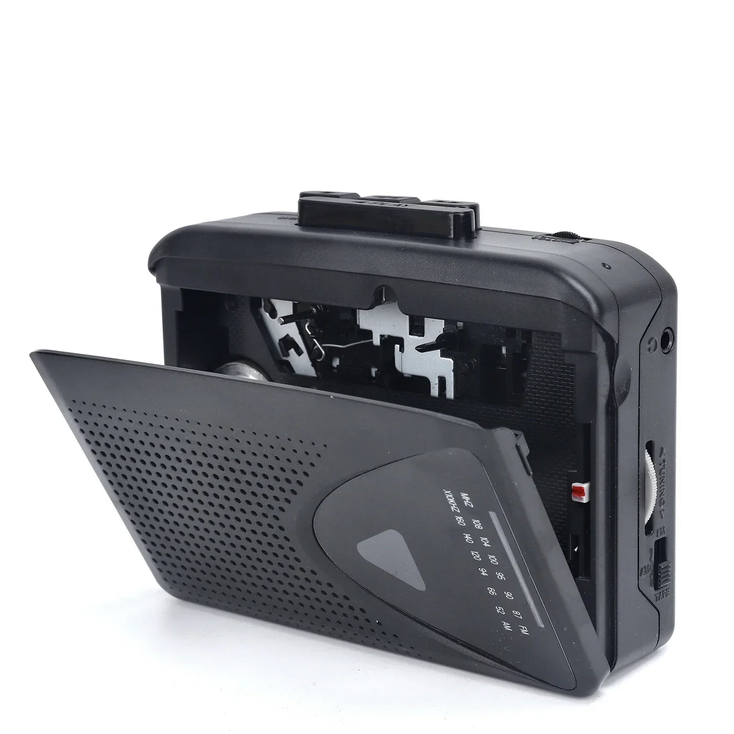 Black plastic tape cassette player walkman with hinged lid showing internal mechanism and portable speaker multiple power supply methods
