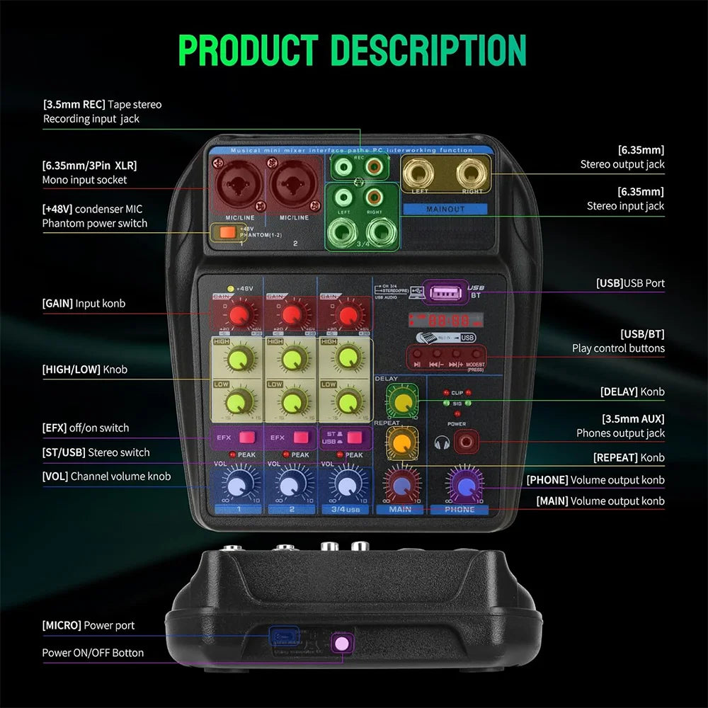 Black tavosop portable 4 channel audio mixer with colorful knobs 48v usb interface for karaoke pc mp3 recording