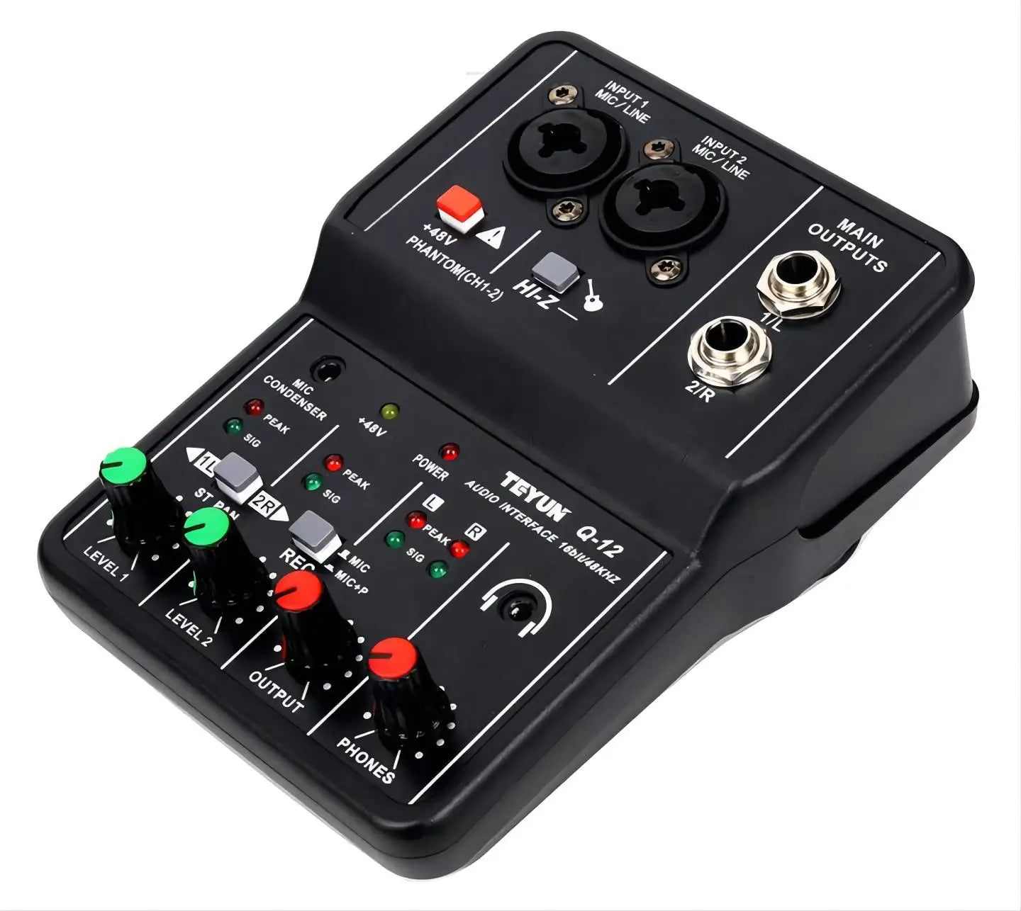 Black teyun q-12 professional sound card audio mixer channel with multiple jacks and colorful level knobs for studio use
