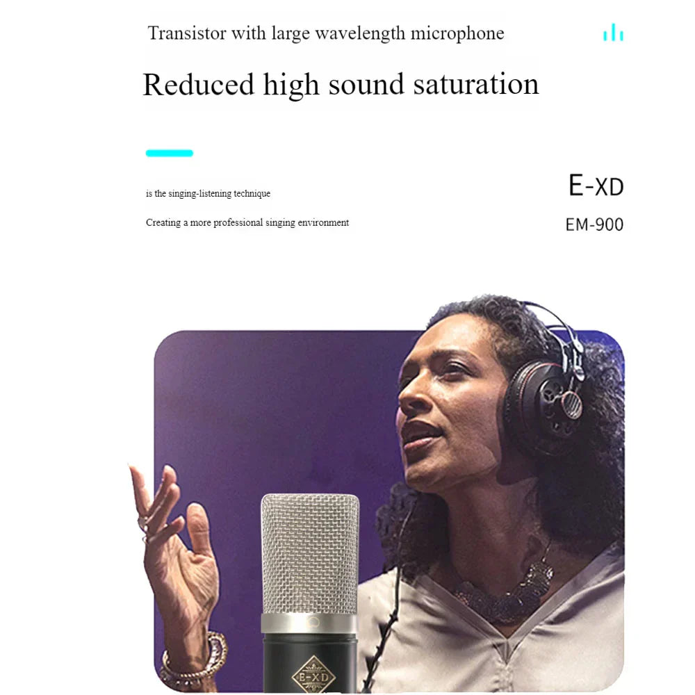 Exd em900 professional condenser microphone with silver mesh grille and black body for studios recording studios and card live streaming