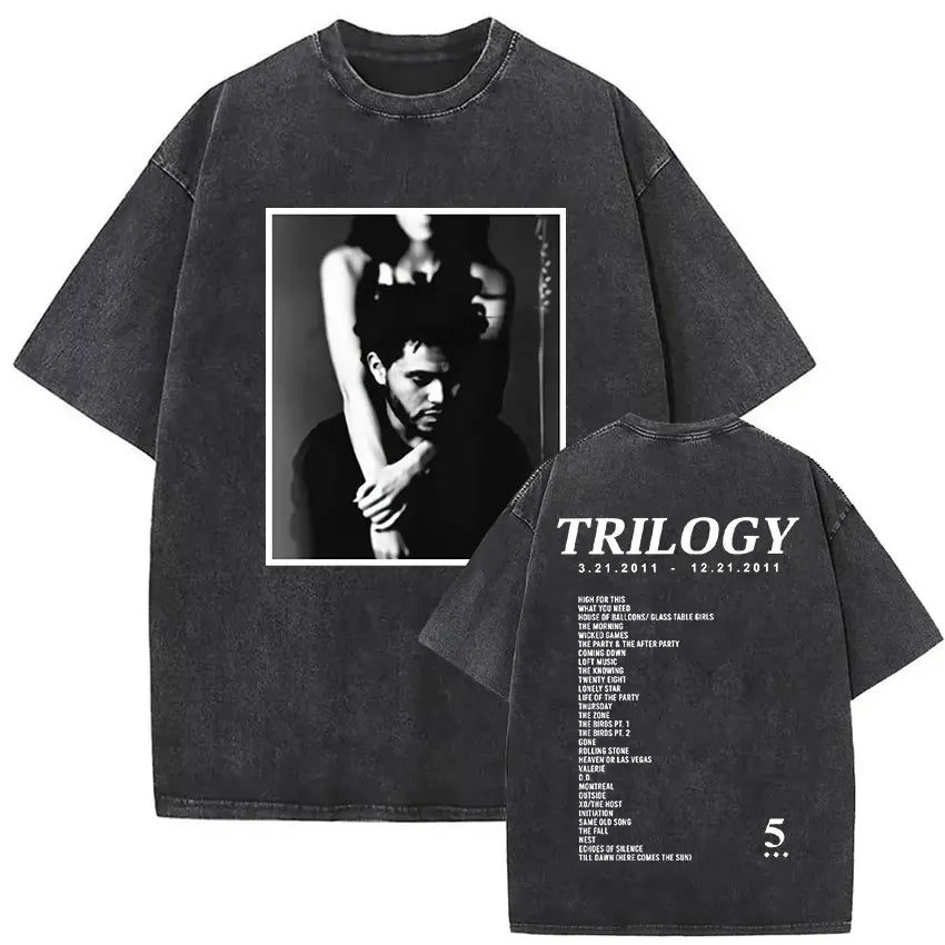 Black oversized t shirt featuring a black and white photo and trilogy tracklist on back for weeknd xo tour hip hop gothic clothing