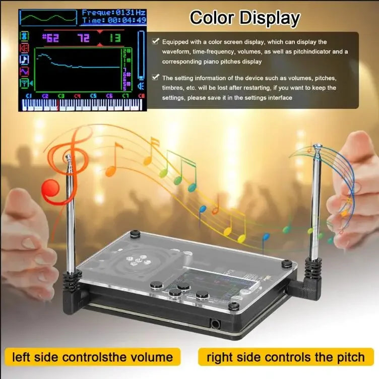 Black and silver theremin musical instrument with color display showing waveform and pitch for fun geek equipment gift