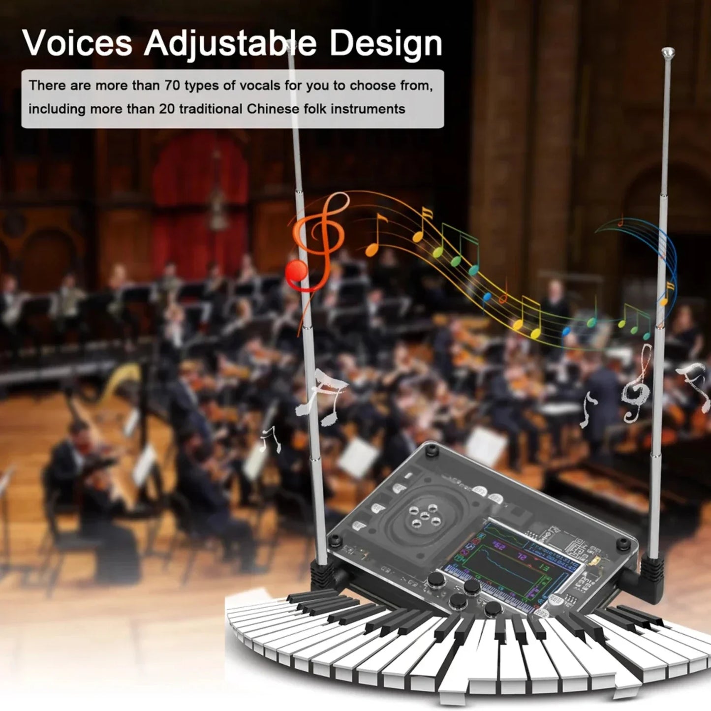 Black theremin toy musical instrument with color screen waveform display and 70 plus voices including traditional chinese instruments