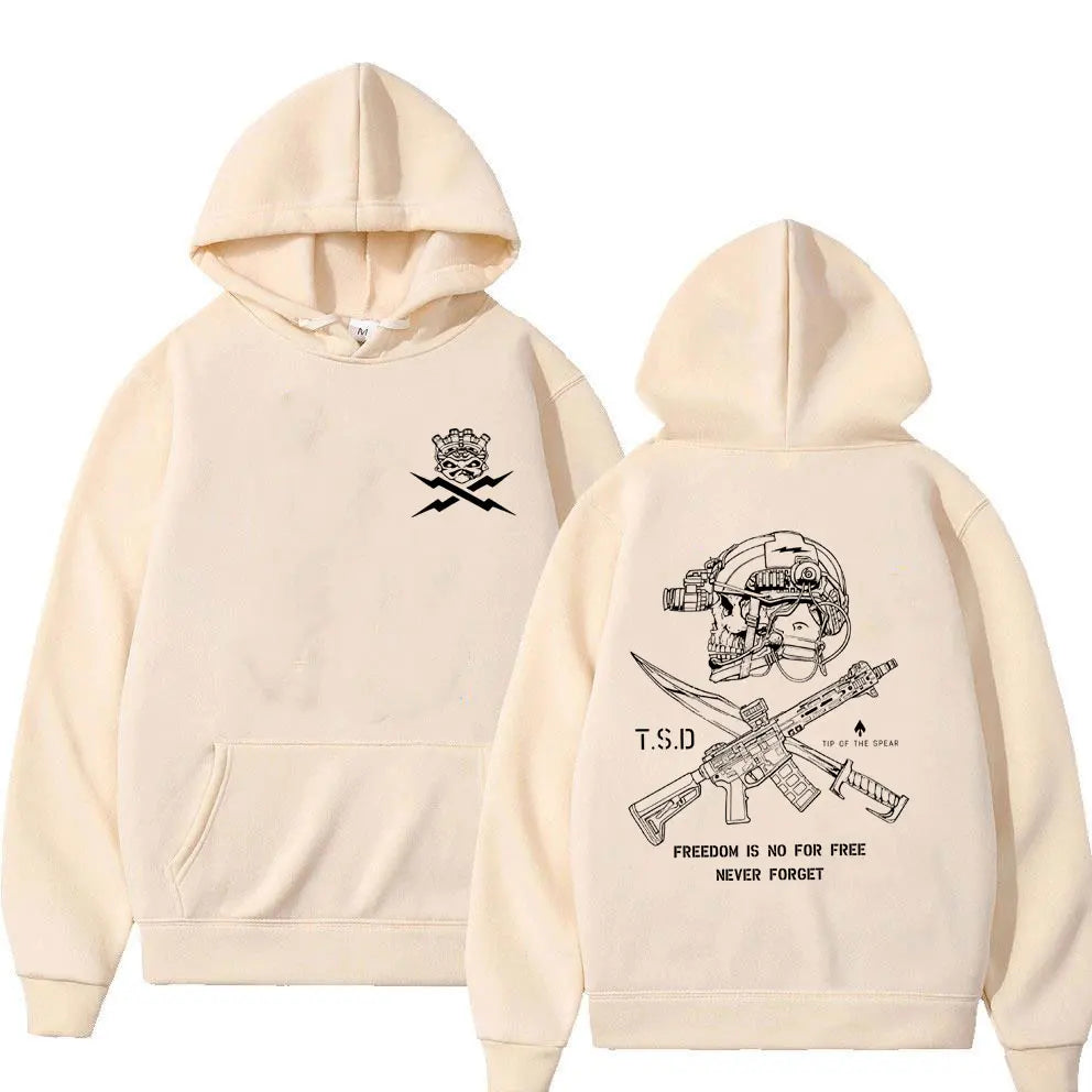 Back of cream-colored sparta tactical skeleton hoodie with black skull swords and assault rifle print for male casual tracksuit
