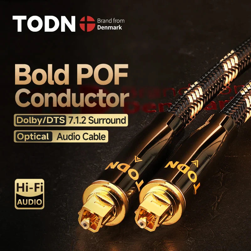 Todn hifi optical audio cable with gold-plated plug and black braided shielding for digital fiber optical surround sound systems