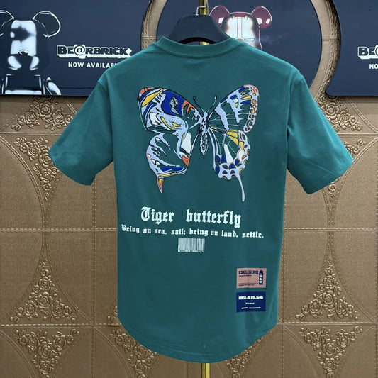 Teal graphic hip hop short-sleeved t-shirt with butterfly print and barcode design in heather male tees korean clothing style
