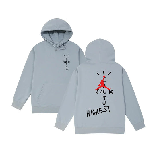 Light gray cotton travis cactus jack rapper vintage hoodie sweatshirts men with red jumpman logo and black text on back