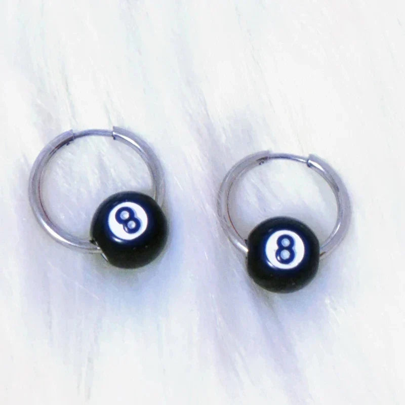 Black eight-ball themed hoop earrings with silver-toned frames earrings grunge y2k for women men korean lovers accessories punk