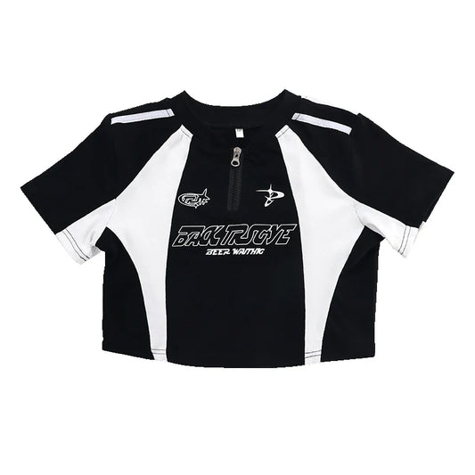 Black and white cropped short-sleeve top with front zipper and bold graphic lettering for teenage child hiphop costume