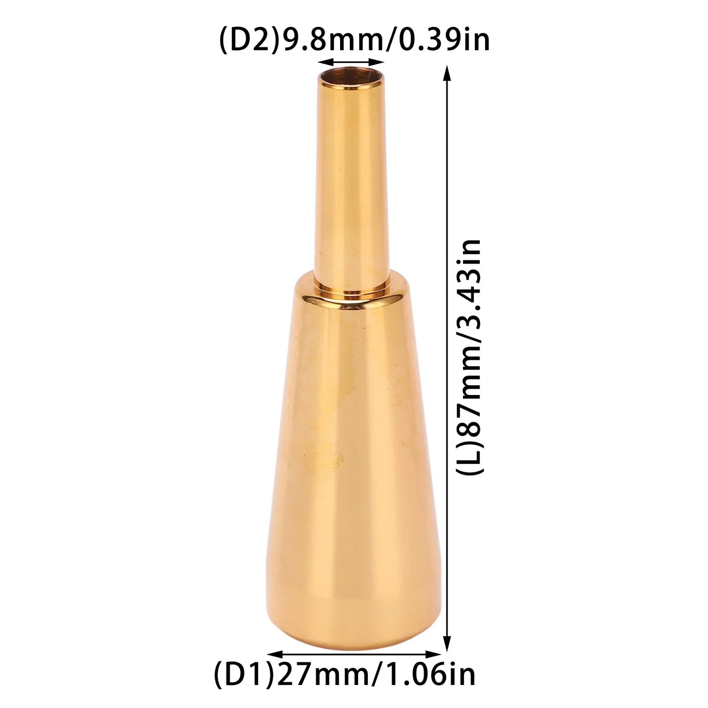 Gold-colored metal trumpet mouthpiece brass with tapered cylindrical shape for bright tone woodwind musical instrument parts