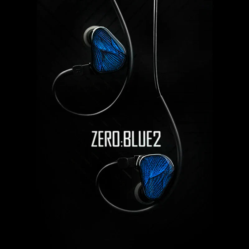 Truthear x crinacle zero blue2 wired in-ear headphones with blue butterfly pattern and sleek metallic finish using dynamic vocalism principle
