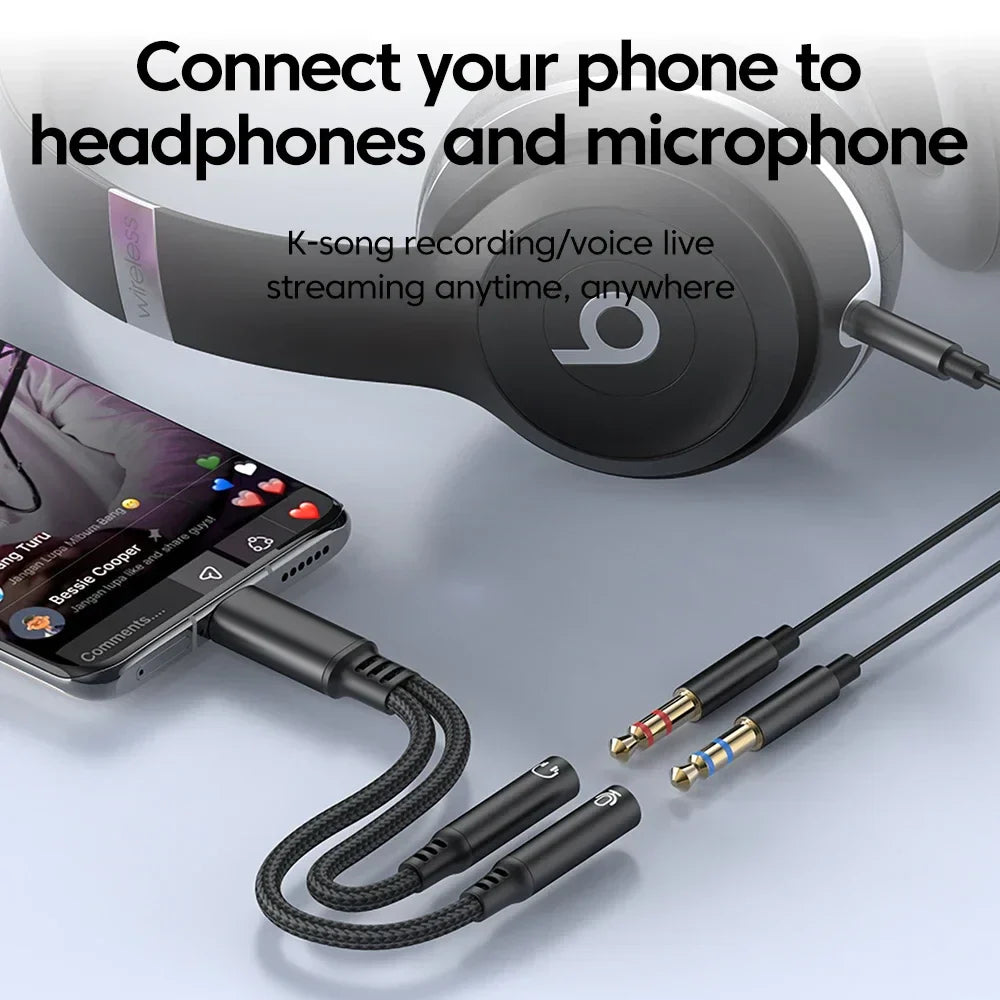 Black braided type c male to 3.5mm jack audio cable with dual female adapter dac and voice microphone splitter cable