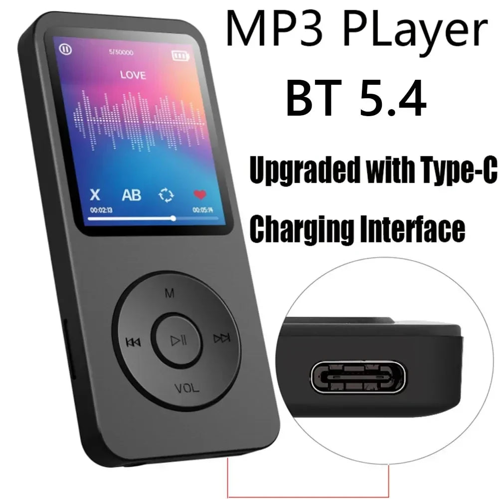 Black mp3 bluetooth player with colorful touchscreen, type-c port, bluetooth 5.4, scalable memory card for running fitness