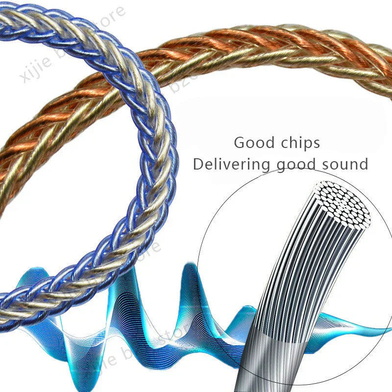 Close-up of blue and gold braided hifi dac earphone amp adapter cb1200au multi-strand metallic conductor cable