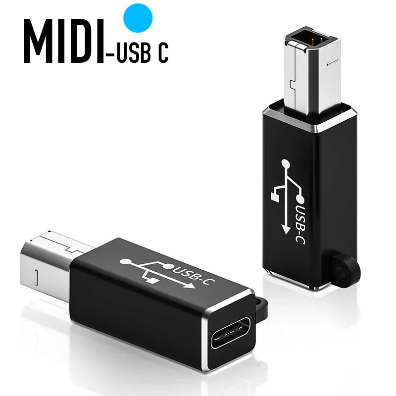 Black rectangular type c usb female to usb-b male adapter with silver edges for printer scanner converter and midi controller keyboard