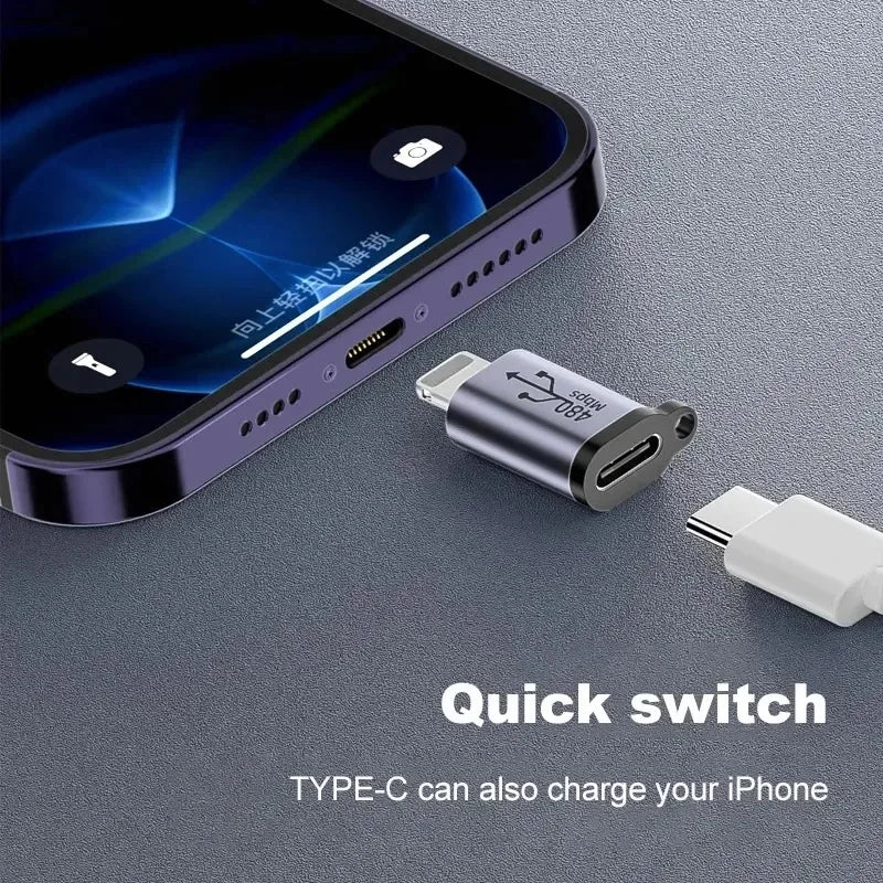 Silver metallic usb-c to lightning adapter with engraved usb and arrow symbol for type c female and micro usb female use