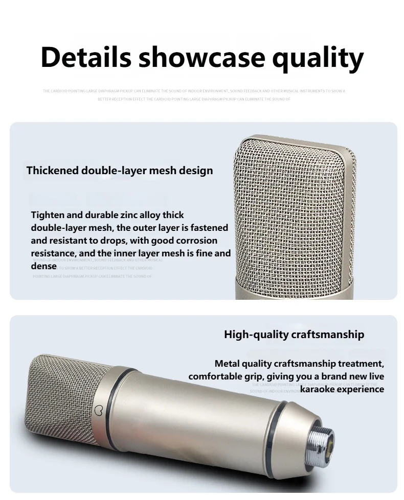 Silver u87 condenser microphone with thickened double-layer mesh grille and metal body for recording podcasting voice