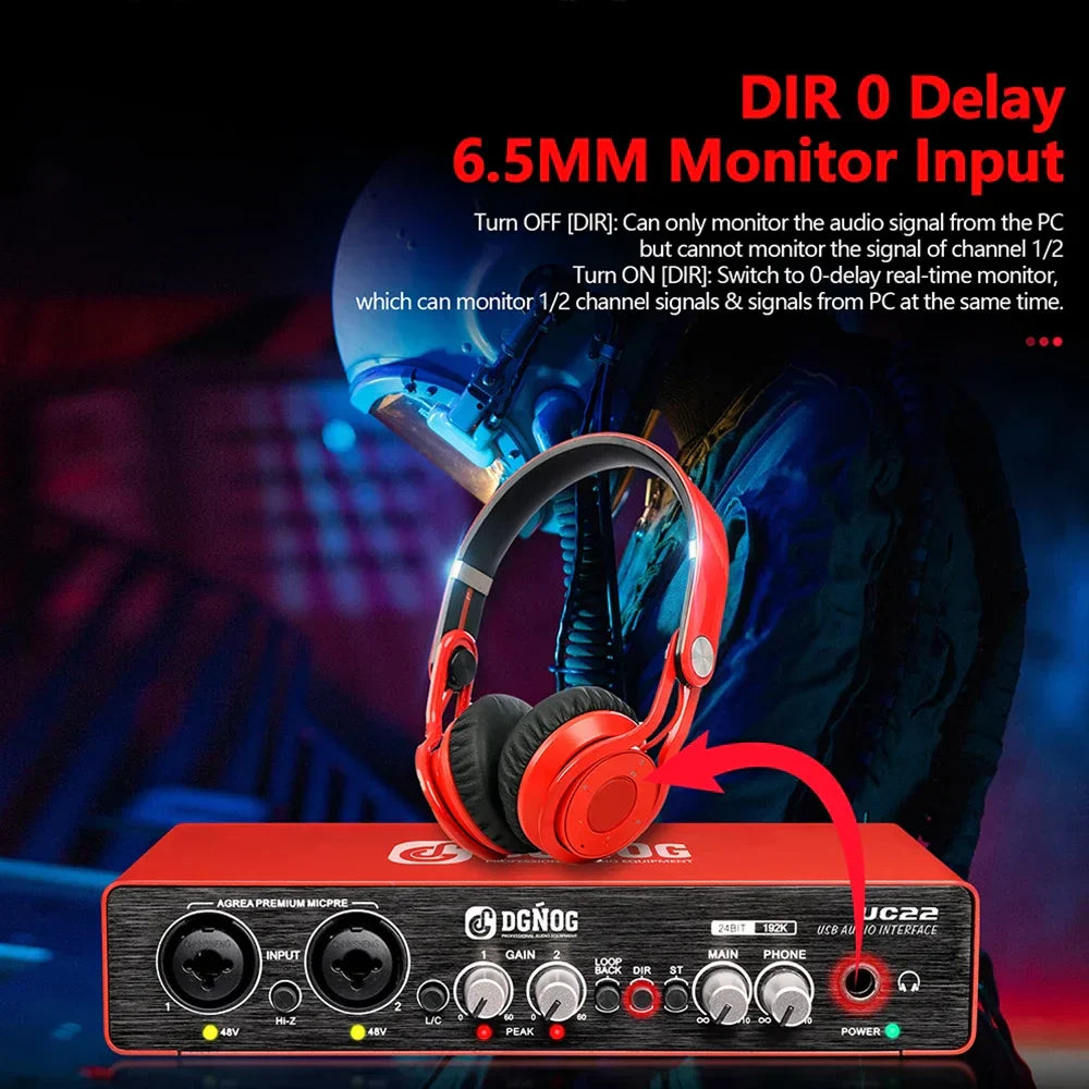 Red over-ear headphones with black earcups and silver accents for uc22 audio interface 192khz ad converter live recording professional use