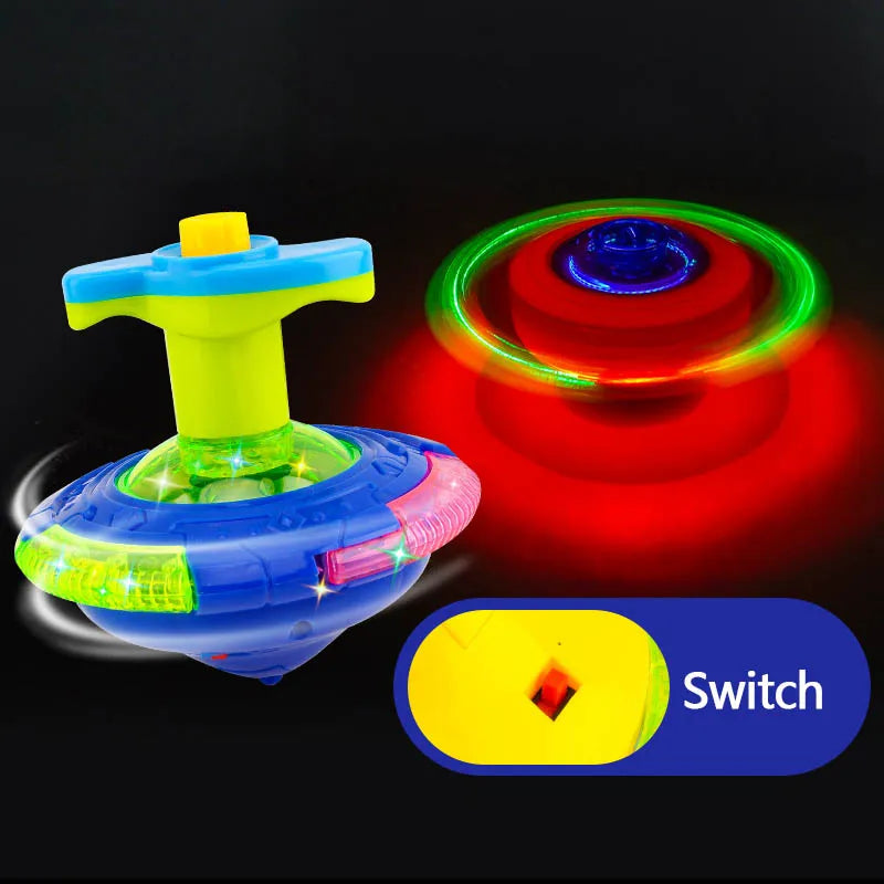 Colorful glowing LED wing spinning top toy with blue green body yellow handle and pink accents for birthday party favors