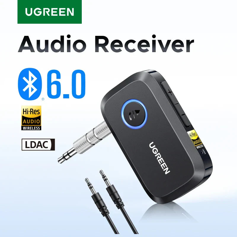 Black UGREEN Bluetooth 6.0 audio receiver with blue illuminated button and metallic 3.5mm aux jack for hands free Bluetooth
