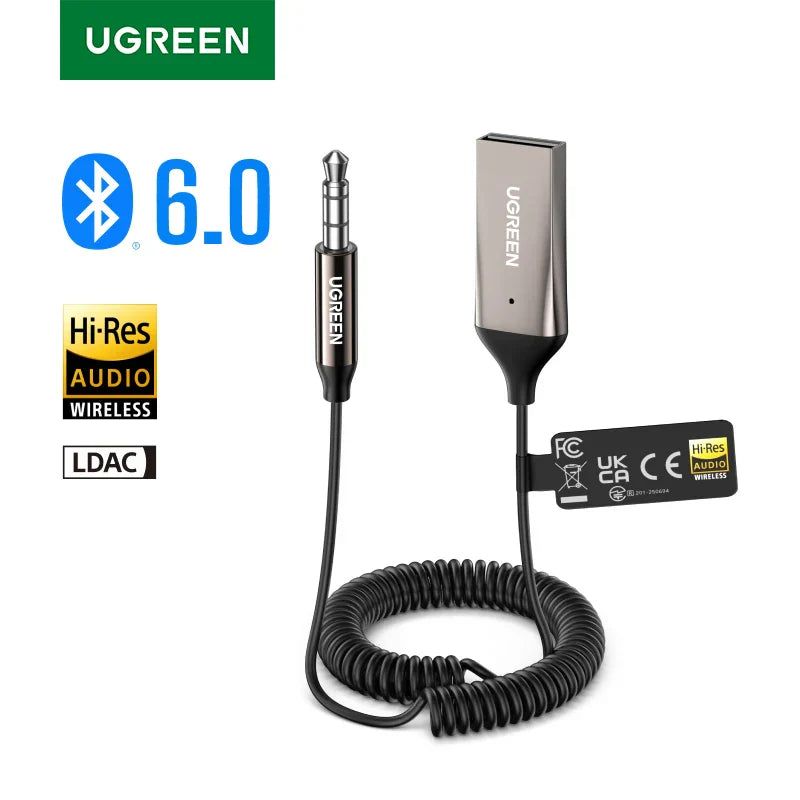 Ugreen bluetooth 6.0 handsfree adapter with metallic silver body and black coiled cable for 5mm aux music calls car