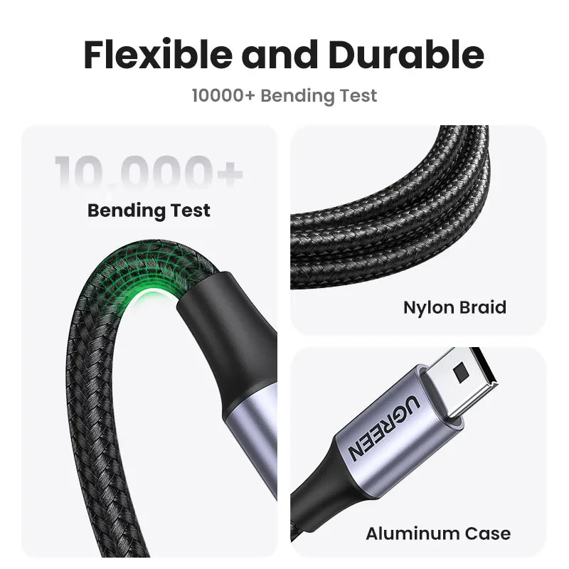 Black nylon braid ugreen mini usb cable with silver aluminum connector fast data charger for car dvr gps devices