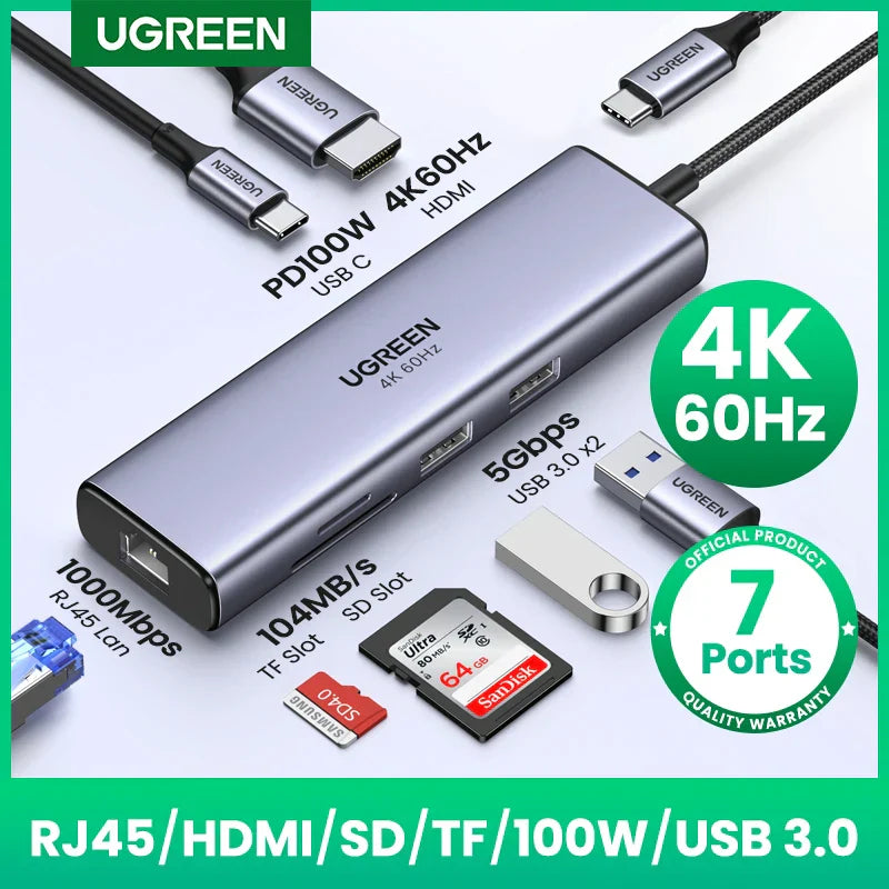 Silver UGREEN USB HUB 7-in-1 with 4K 60Hz HDMI, USB splitter docking, PD100W for lapop MacBook accessories