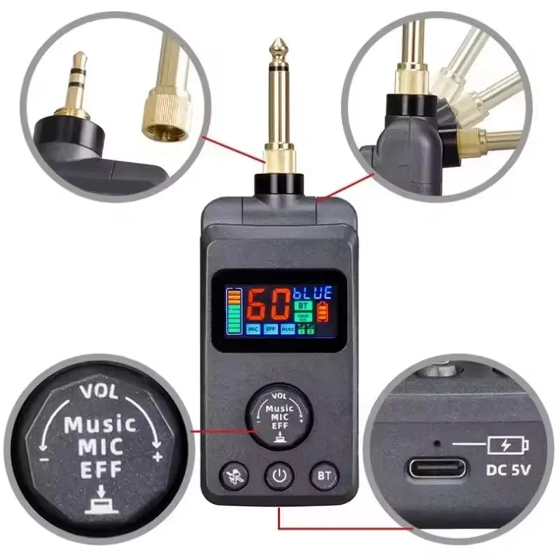 Black uhf wireless microphone audio transmitter with digital display showing 60 blue and microphone bt recharging control buttons