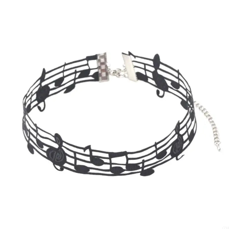 Black short necklace with musical notes design and silver hardware theme neck jewelry for music enthusiasts alloy