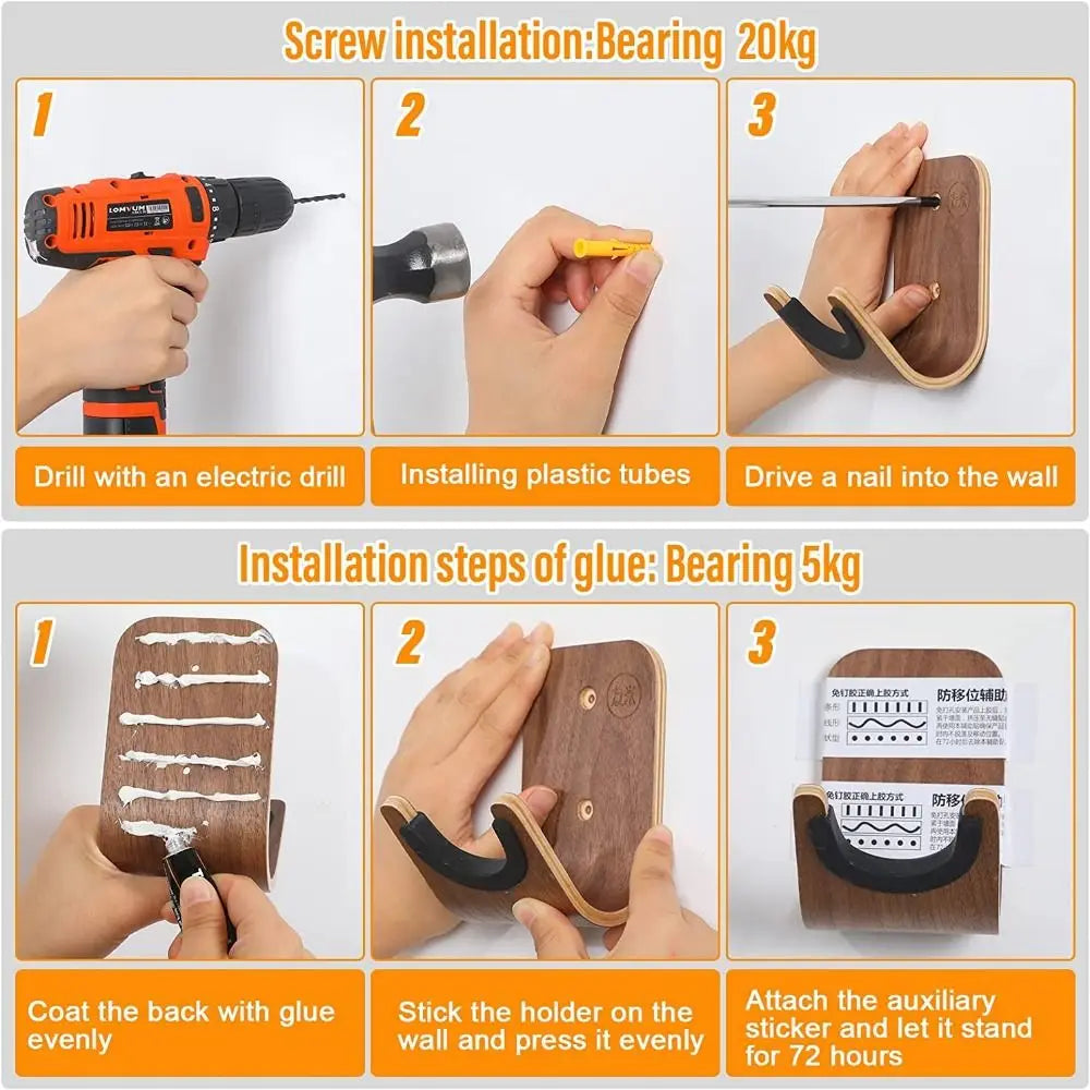 Unique design wooden bracket guitar hanger with black rubberized grip and light brown wood finish for mount bass storage