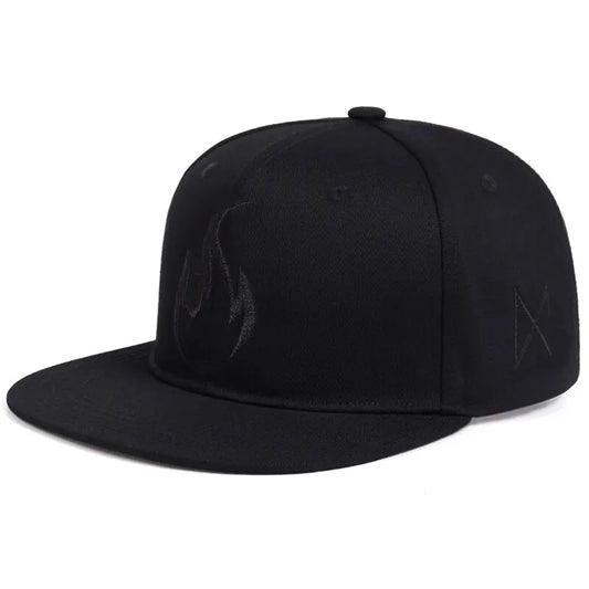 Black unisex flame embroidery snapback hat with subtle logo, hats outdoor adjustable for casual baseball caps sunscreen use
