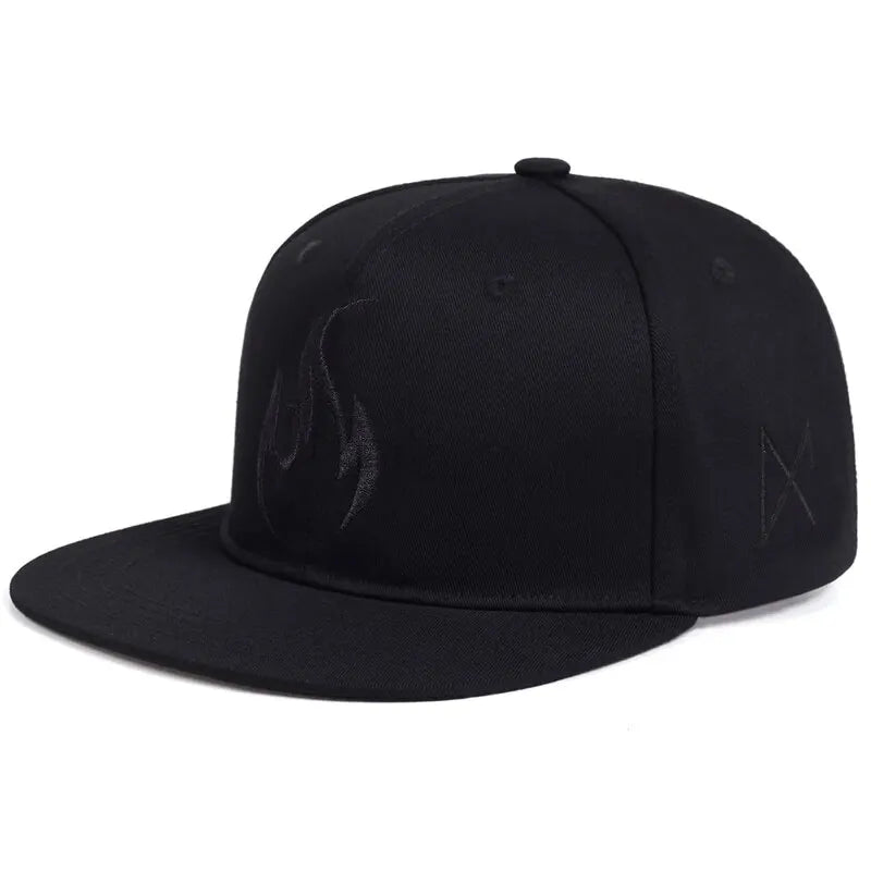 Black unisex flame embroidery snapback hat with subtle front logo and side emblem for hats outdoor adjustable use