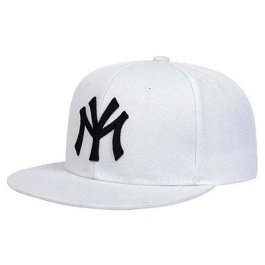 White snapback cap with bold black embroidered ny logo unisex letter embroidery hats outdoor adjustable baseball caps sunscreen