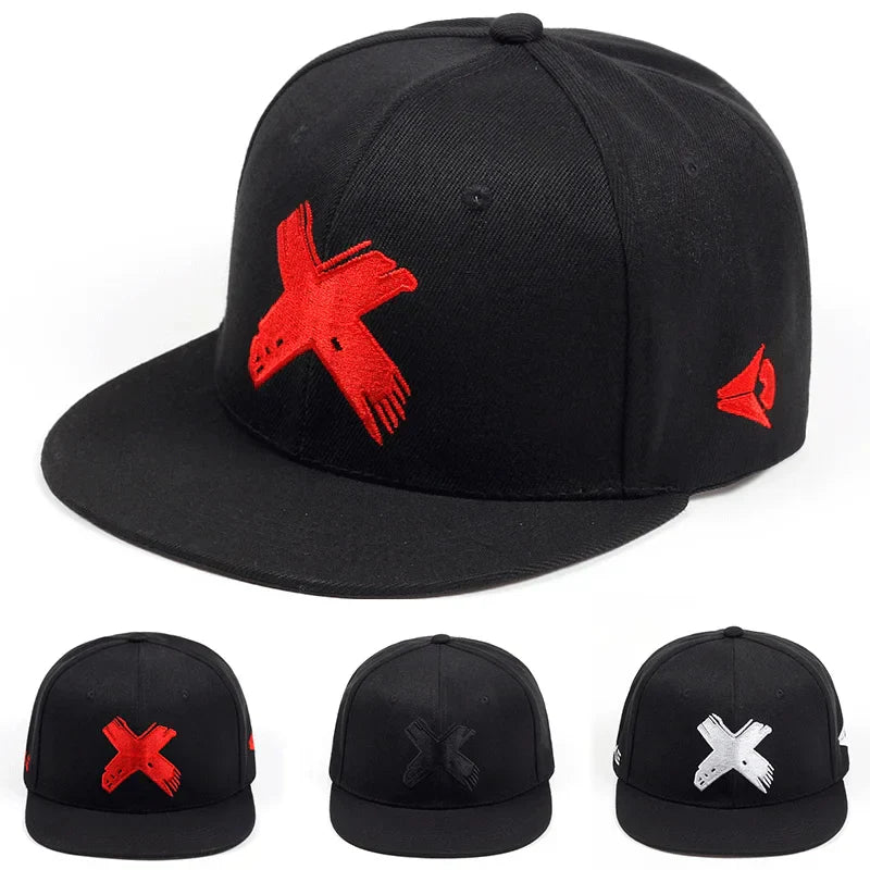Black unisex snapback baseball cap with bold red letter x embroidery and smaller side logo for hats spring autumn sunscreen
