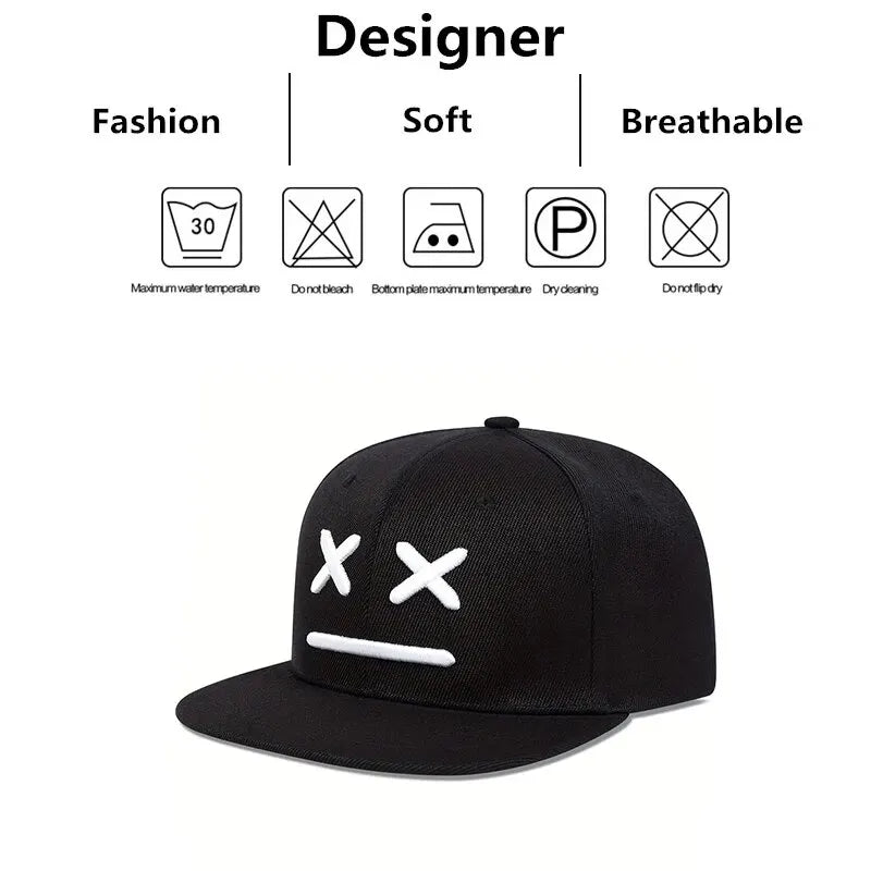 Black unisex baseball cap with white smiling face embroidery, adjustable casual hats spring autumn for outdoor use