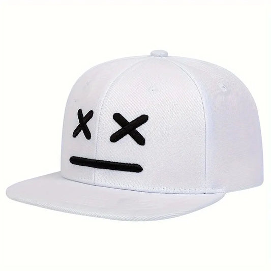 White snapback cap with minimalist black smiling face embroidery for hats spring autumn outdoor adjustable casual wear