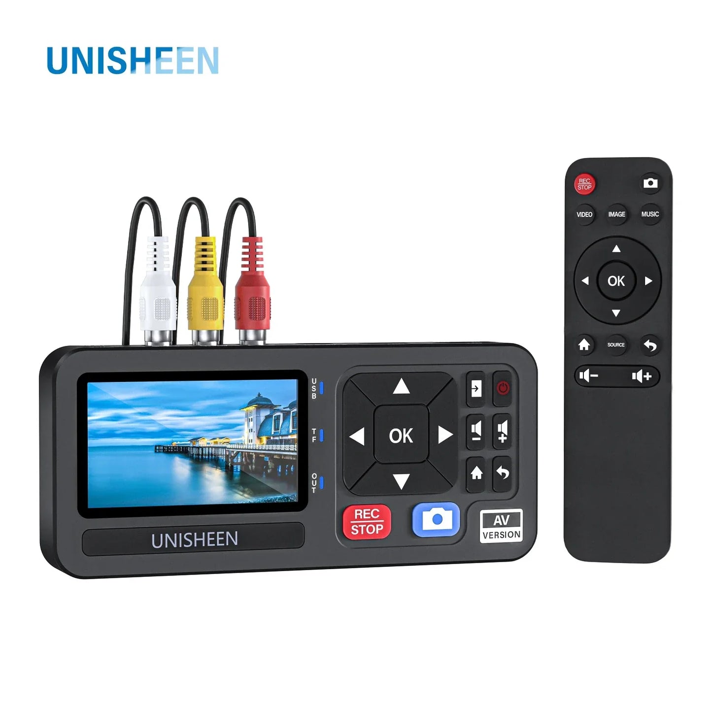 Black unisheen ur230a analog cvbs rca video recorder with color-coded rca inputs and matching remote control