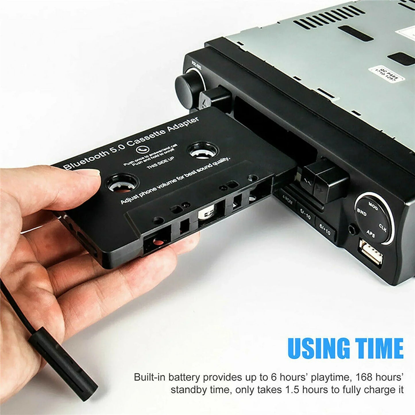 Black bluetooth 5.0 music adapter car with sleek design and audio input ports for car cassette stereo use