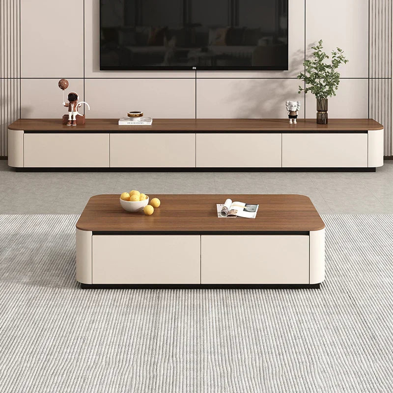 Modern rectangular coffee table with wood-grain top and cream sides suitable for funky tv stands and clear muebles home