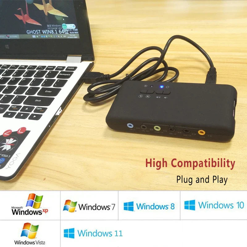 Black urgrico external sound card with multiple colored ports and blue led for studio record usb and extension cable remoted use
