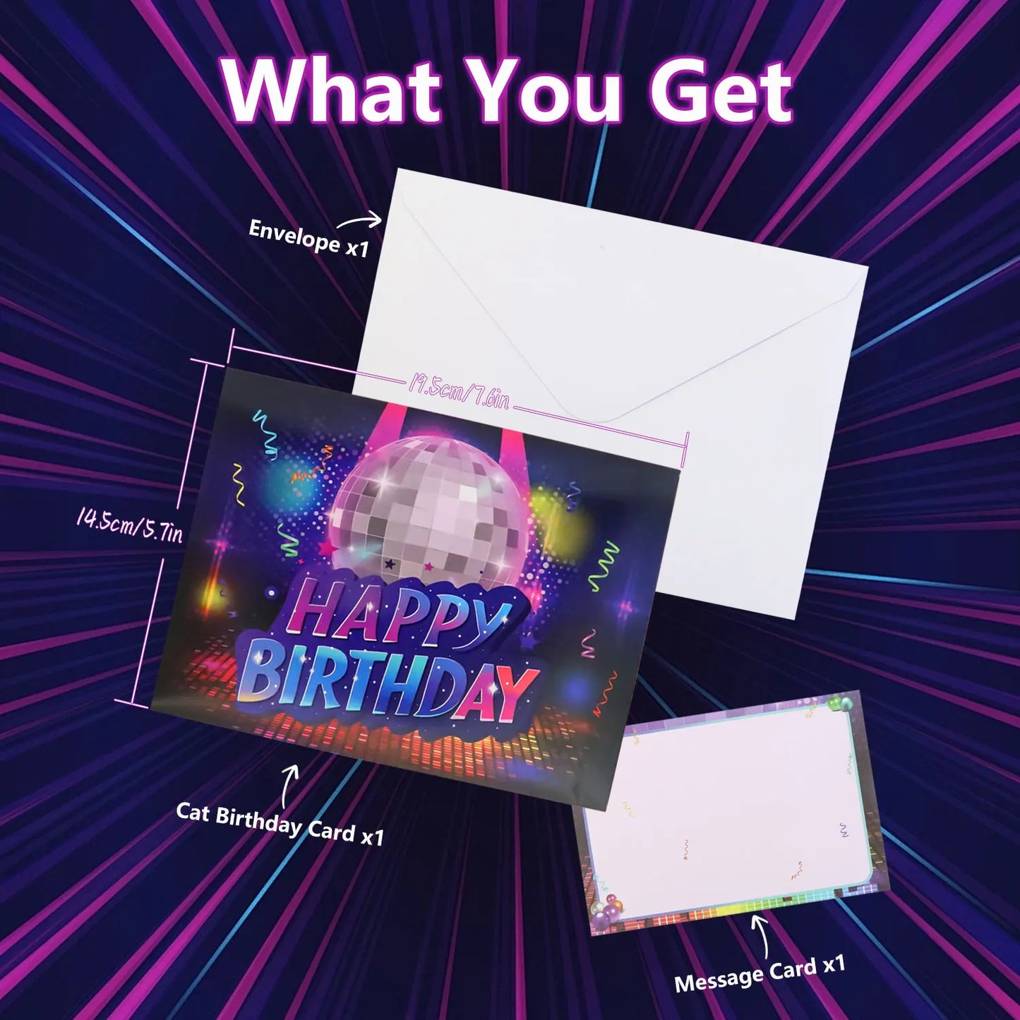 Vibrant musical birthday card with silver mirror ball and neon happy birthday text featuring rock cat 3d pop design