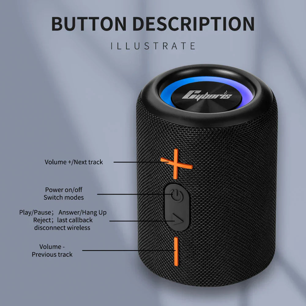 Black textured cylindrical s10 wireless music box speaker with orange buttons and glowing blue top for card home theater
