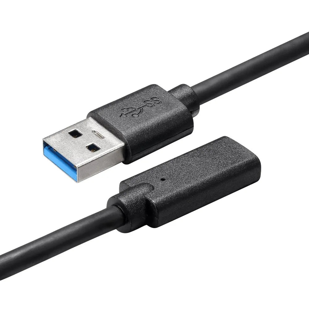 Black usb 3.0 male to type-c female extension cable with silver connector and blue interior compatible with usb c interface hubs card readers