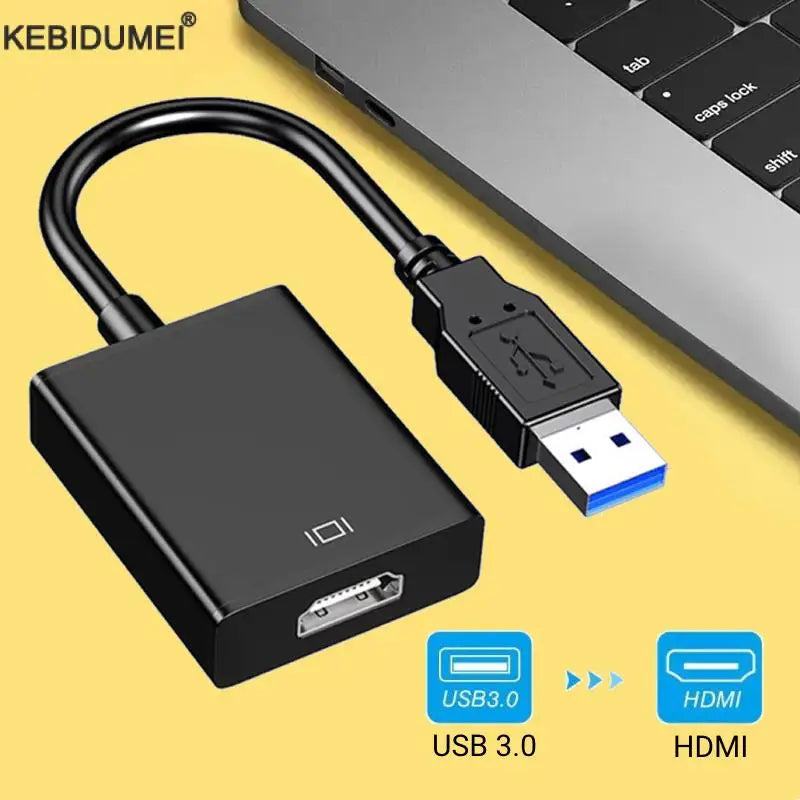 Black kebidumei usb 3.0 to hdmi adapter 1080p with curved cable and blue connector external usb adapter video converter external