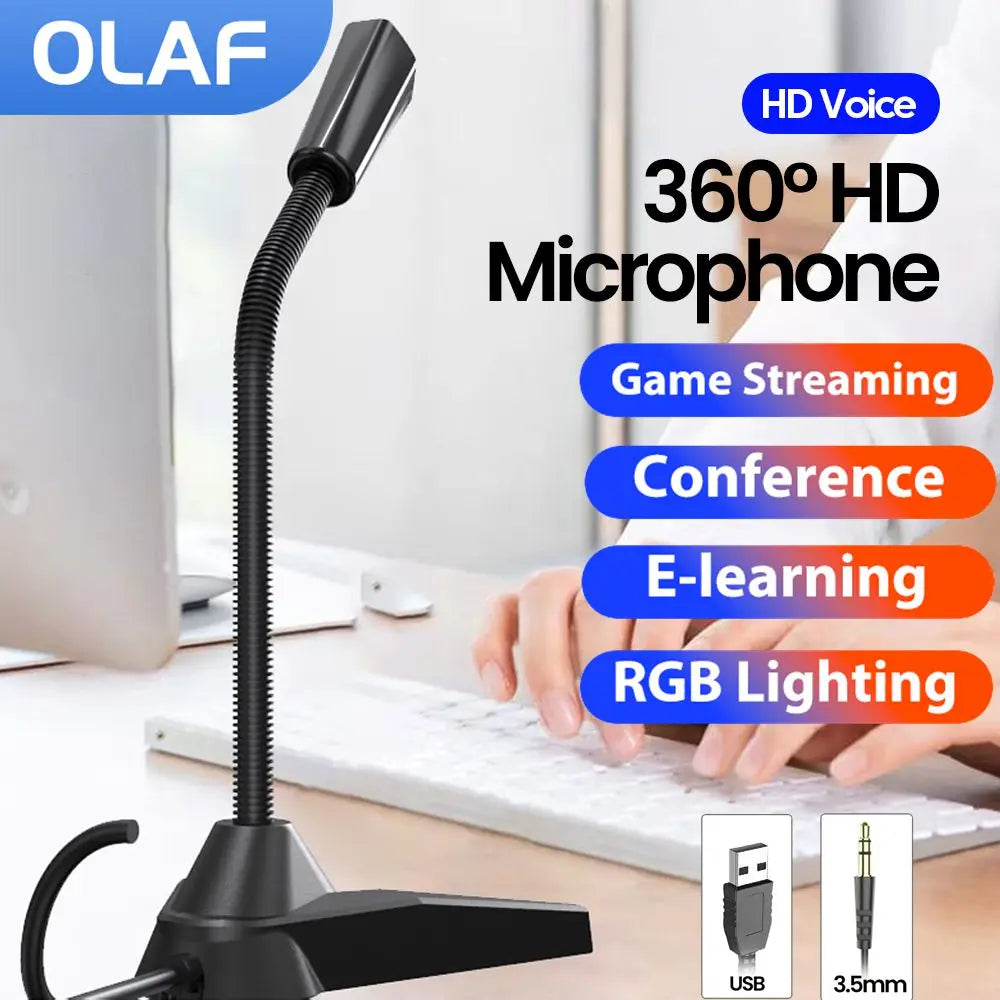 Black olaf 360° hd desktop microphone gaming with flexible gooseneck rgb lighting for conference recording and 5mm laptop use